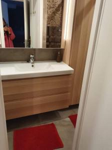 a bathroom with a sink and a mirror and red rug at Chamonix Hyper centre . terrasse vue mont blanc . parking in Chamonix-Mont-Blanc