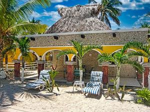 エル・コージョにあるPrivate Beachhouse Hacienda Antiguaの椅子とヤシの木が目の前に並ぶ建物