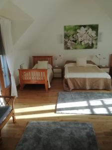 a bedroom with two beds and a window with sunlight at Bellevue Josselin in Josselin