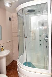 a bathroom with a shower and a toilet and a sink at Apartment Pushkina in Dnipro
