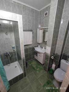 a bathroom with a shower toilet and a sink at Altyn in Astana