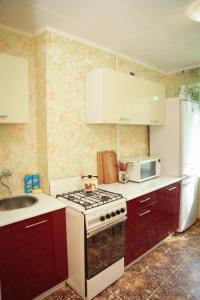 a kitchen with a stove and a sink and a refrigerator at Pobeda Apartment in Dnipro