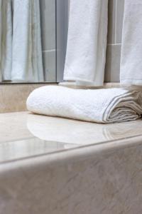 a white towel sitting on the edge of a bath tub at Hôtel l'Europe in Djibouti