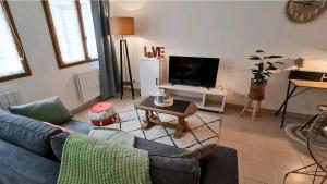 a living room with a blue couch and a tv at Gîte Saint Martin in Carvin