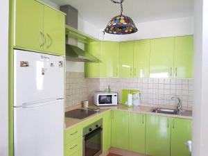カレタ・デ・ファマラにあるApartamento El Coralのキッチン(緑のキャビネット、白い冷蔵庫付)