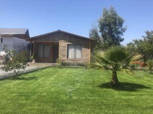 a house with a green yard with a palm tree at Cabaña en San Javier de Loncomilla, in Linares