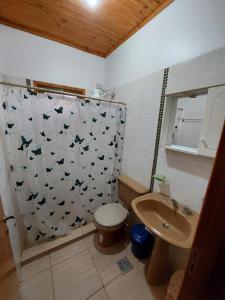 a bathroom with a shower and a toilet and a sink at Morada Silvestre Iguazú in Puerto Iguazú