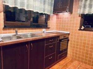 a small kitchen with a sink and a sink at Sirnea Chalet in Şirnea