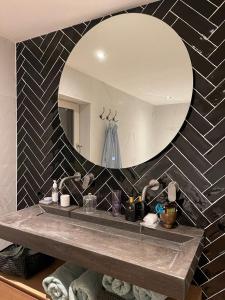 een badkamer met een wastafel en een spiegel bij B&B Driel in Driel