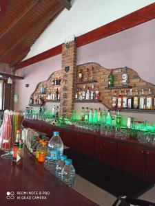 een bar met flessen alcohol aan de muur bij Amadeus Hawaii Apartments & Studios in Sidari