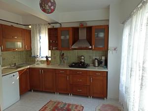 a kitchen with wooden cabinets and a sink at Garden flat in Prince islands, Heybeliada in Adalar
