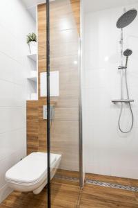 een badkamer met een toilet en een douche bij Pokoje przy Plaży Sopot in Sopot