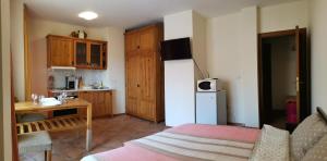 a room with a bed and a table and a kitchen at Studio in Murphys Lodge in Bansko