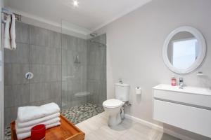 Un baño con inodoro, lavabo y espejo. en Goozi Garden Cottage, en Hermanus 14 fotos más