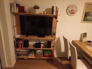 einen Fernseher auf einem Stand in einem Wohnzimmer in der Unterkunft Apartment Almröserl Edelweiss in Gosau