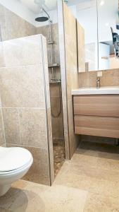 a bathroom with a shower and a toilet and a sink at clos coutin in Gréoux-les-Bains