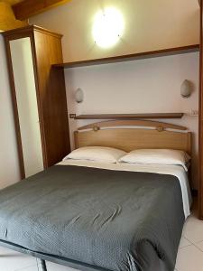 una camera con un grande letto con testiera in legno di Hotel Le Polle a Riolunato