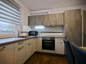 a kitchen with stainless steel appliances and a window at Gäste- und Ferienwohnung in der Sportstadt Riesa in Riesa