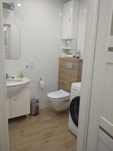 a white bathroom with a toilet and a sink at Telimena in Wyszków