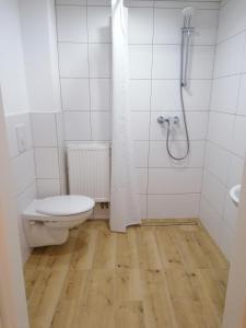 a white bathroom with a toilet and a shower at Nordunterkunft in Neumünster