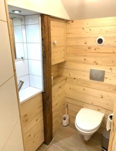 a wooden bathroom with a toilet and a sink at Gîte le BISTANCLAC. in Charlieu