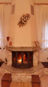a fireplace in a living room with a fire at Elati Electra's Cozy House in Elati Trikalon