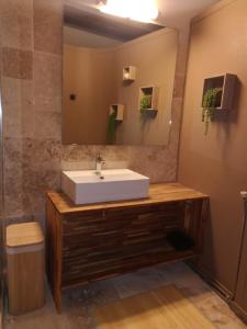 Maison Pérouges spa في بيروج: حمام مع حوض ومرآة