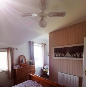 une chambre avec un lit et un ventilateur de plafond dans l'établissement Castle Hill Cottage & Paddlers Retreat, à Ballywalter