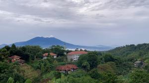 a group of houses on a hill with mountains in the background at Villa Kay Mountain in Bogor