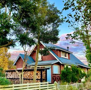 a wooden house with a blue roof at 1組限定ドッグフレンドリー&イギリス料理 Laughing dogs villa in Takashima