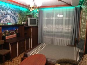 Cette chambre comprend un lit, un bureau et une télévision. dans l'établissement Мини-Квартира SMART Карпенка 20 WI-FI центр/парк 5мин, à Ternopil