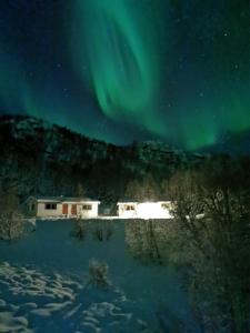 an image of a house under the northern lights at Skjellbogen Hyttegrend in Sortland