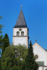 ein Kirchturm mit einem Kreuz darüber in der Unterkunft Ferienwohnung Falter in Bad Reichenhall