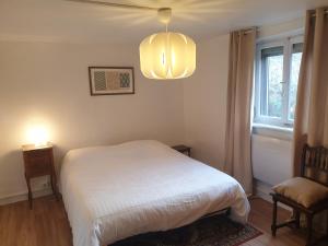 a bedroom with a white bed and a chandelier at Au jardin de Lucie in Sainte-Croix-en-Plaine