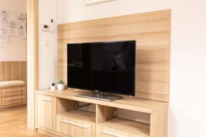 TV de pantalla plana con soporte de madera en una habitación en Vigorous Bled Apartment en Bled