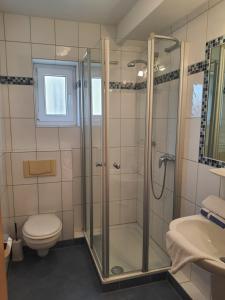 a bathroom with a shower and a toilet and a sink at Landhaus Braband Ferienwohnungen - Cuxhavener Straße 96 in Cuxhaven
