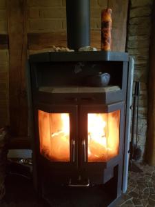 a wood stove with the fire in it at Sonnenschein am Rursee in Simmerath