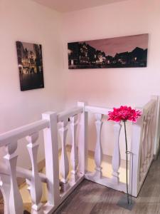 a vase with a pink flower in a stair case at La petite Normande en ville in Louviers