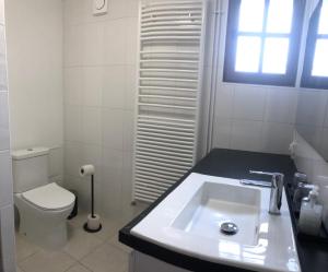 a white bathroom with a sink and a toilet at La petite Normande en ville in Louviers +7 photos