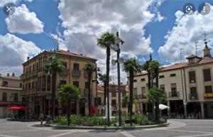 una calle de la ciudad con palmeras y edificios en Rioja Martín, en Alba de Tormes