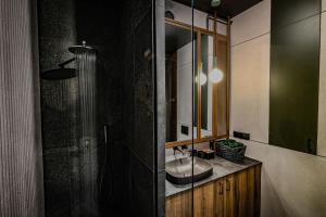 een badkamer met een wastafel en een douche bij Apartamenty Riders Lodge Szczyrk Olimpijska in Szczyrk