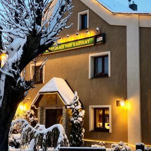 Ein Gebäude mit einem Schild im Schnee. in der Unterkunft Hotel & Restaurant Pod Kaštany in Krupka