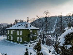 什恰夫尼察Willa Tęcza的一座绿色房子,上面有雪