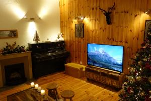 Sala de estar con árbol de Navidad y TV en Appartement cosy montagne, centre ville de Briançon en Briançon