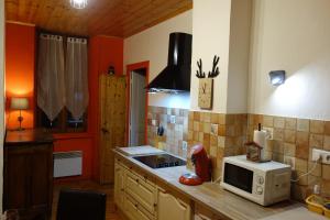 a kitchen with a stove and a microwave on a counter at Appartement cosy montagne, centre ville de Briançon in Briançon