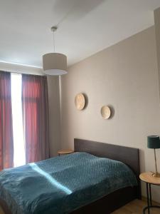 een slaapkamer met een bed met een blauw dekbed bij Bakuriani Cozy Villa #4 in Bakuriani