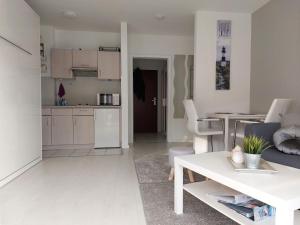 a kitchen and a living room with a table at Wohnung an der Lagune in Büsum