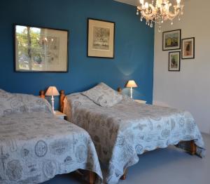 Saint-Colomb-de-LauzunにあるChez Madeleineの青いベッドルーム(ベッド2台、シャンデリア付)