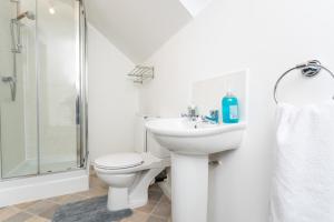 a bathroom with a toilet and a sink and a shower at Amazon View in Bowburn