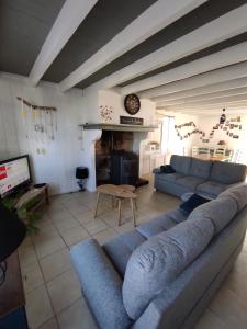 a living room with a blue couch and a fireplace at Maison Landaise chaleureuse in Rion-des-Landes